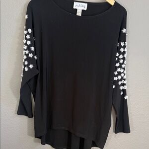 Joseph Ribkoff Black Long Sleeve Top with White Floral Details
